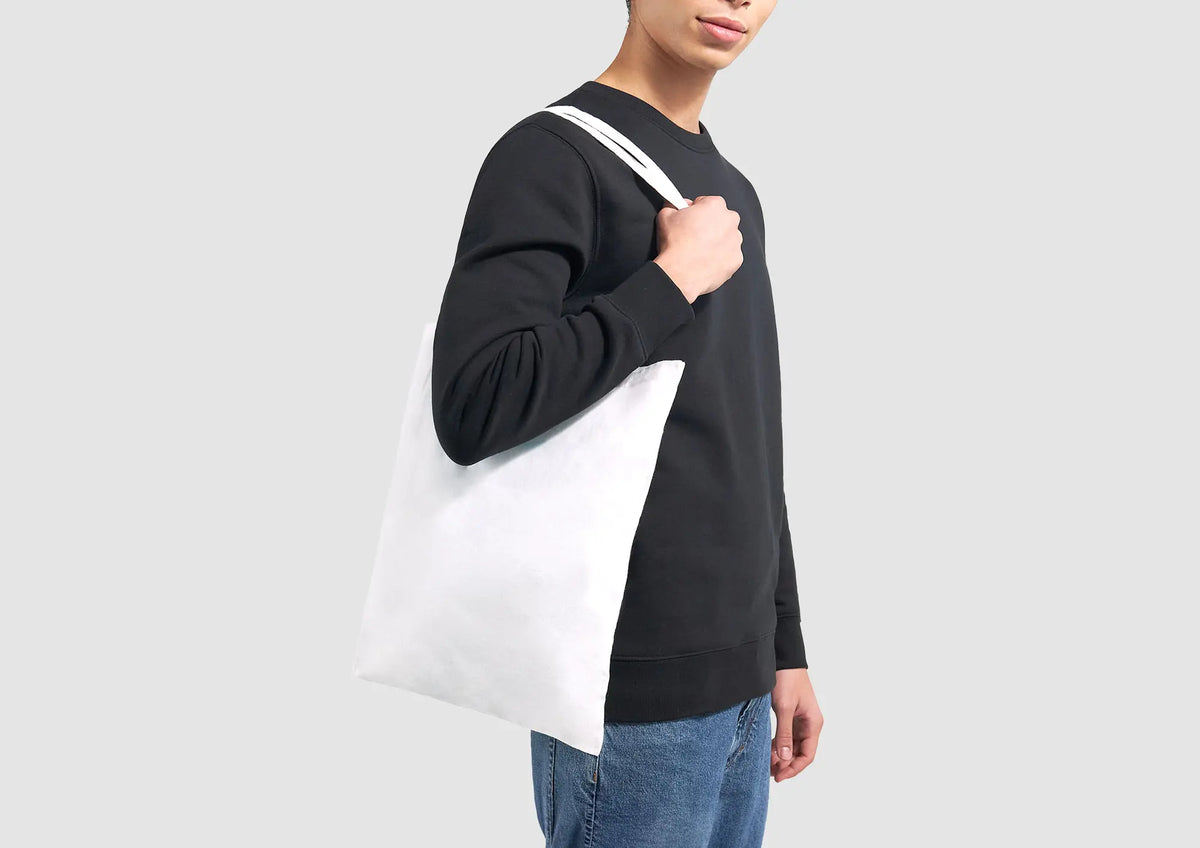 White Custom Tote Bag carried over the shoulder
