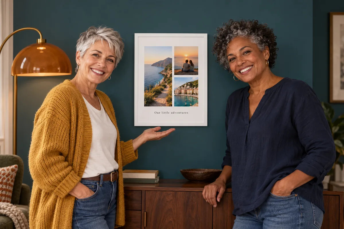 Digital example: couple beside a white framed print containing an original travel-photo collage