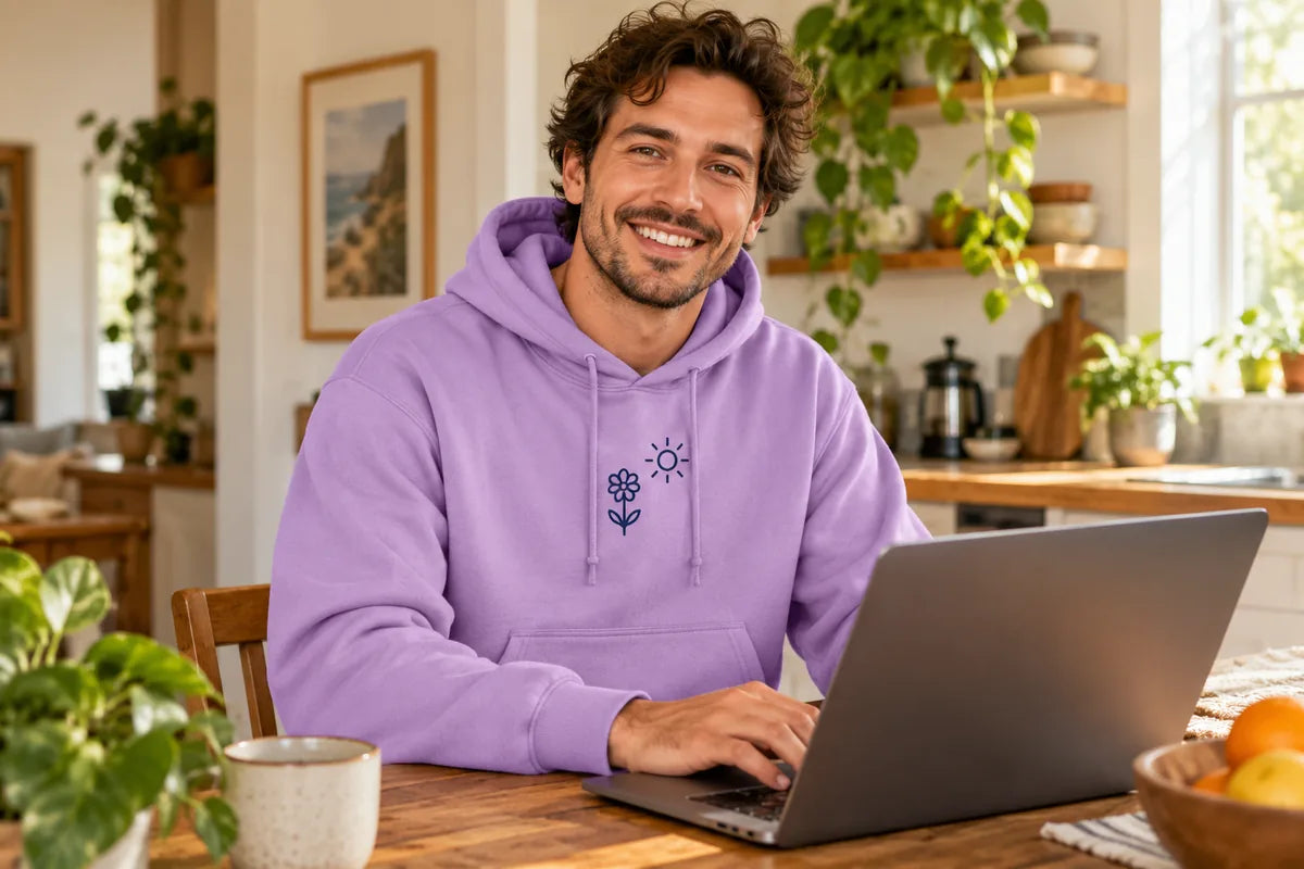 Digital example: adult at a laptop wearing an Orchid hoodie with an original front flower doodle