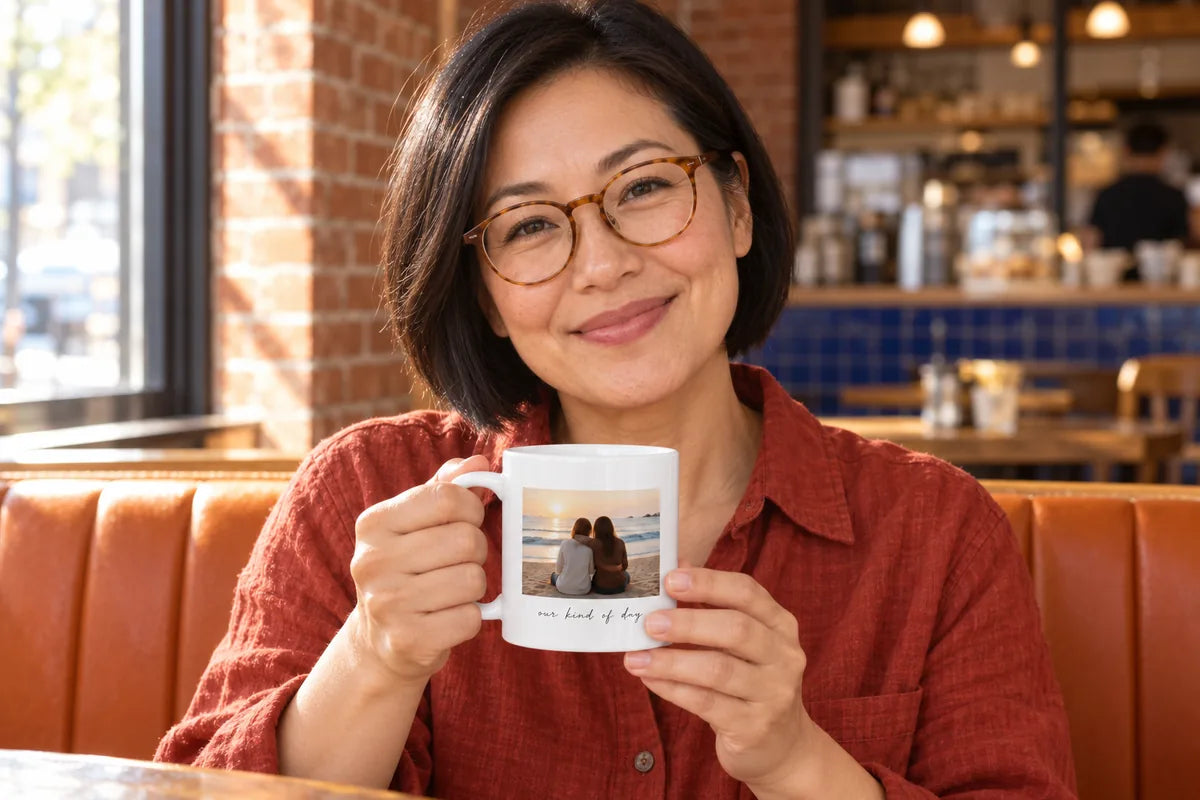 Digital example: adult holding a white 11 oz mug with an original personal-photo design