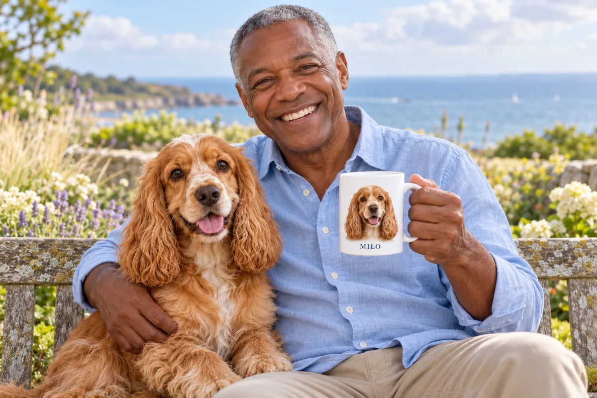 Digital example: owner with a spaniel and a white mug featuring the same dog and the name Milo