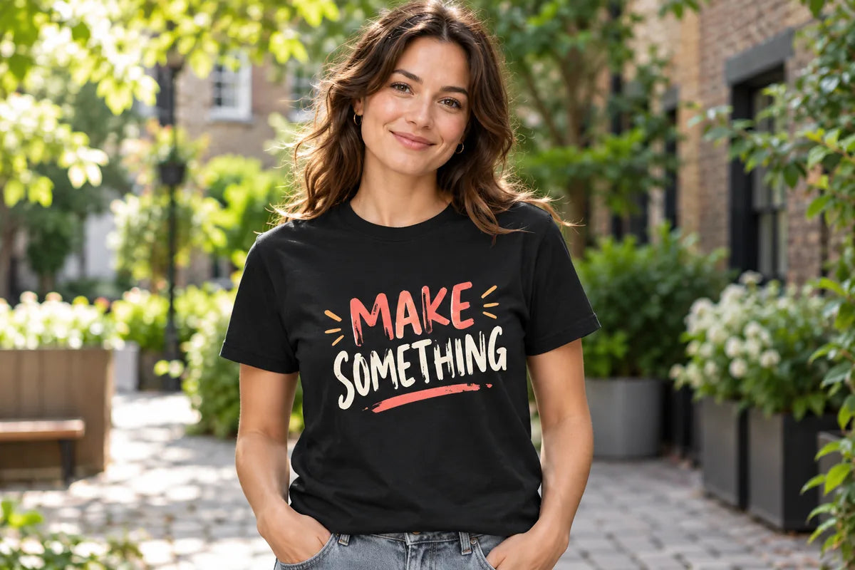 Digital inspiration: adult in a black T-shirt with original coral and cream front typography
